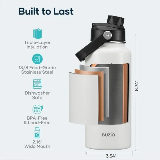 Buzio Duet Series Water Bottle with 2 Lids and Sleeve 1L - White